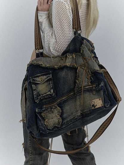 Vintage Washed Heavy Duty Denim Crossbody Shoulder Bag