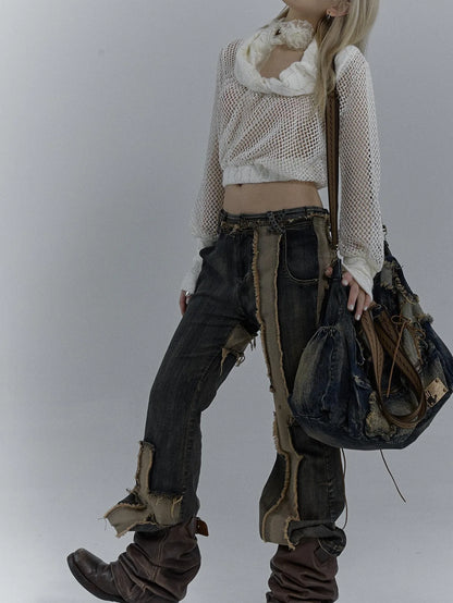 Vintage Washed Heavy Duty Denim Crossbody Shoulder Bag
