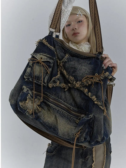 Vintage Washed Heavy Duty Denim Crossbody Shoulder Bag