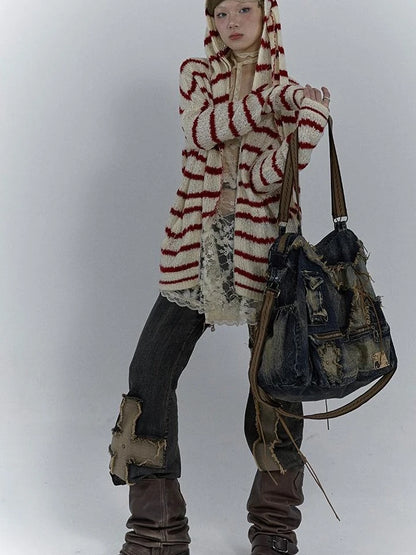Vintage Washed Heavy Duty Denim Crossbody Shoulder Bag