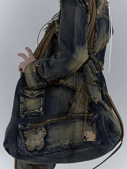 Vintage Washed Heavy Duty Denim Crossbody Shoulder Bag