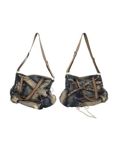 Vintage Washed Heavy Duty Denim Crossbody Shoulder Bag