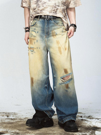 Peoplesense Vintage Washed Loose Blue Jeans Hand Distressed Retro Denim Pants