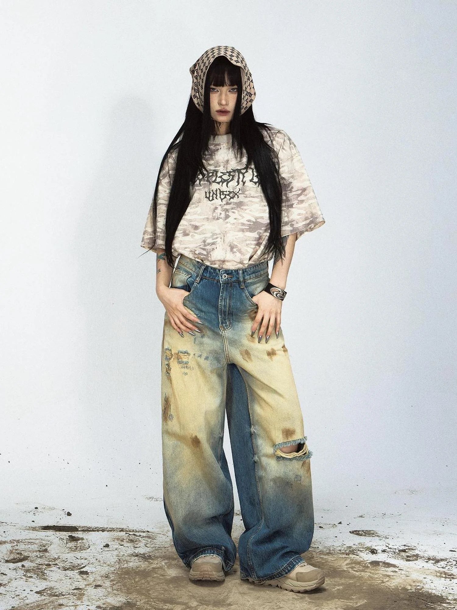 Vintage Washed Loose Blue Jeans Hand Distressed Retro Denim Pants