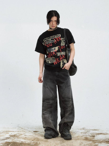 Vintage Washed Loose Straight Gradient Jeans