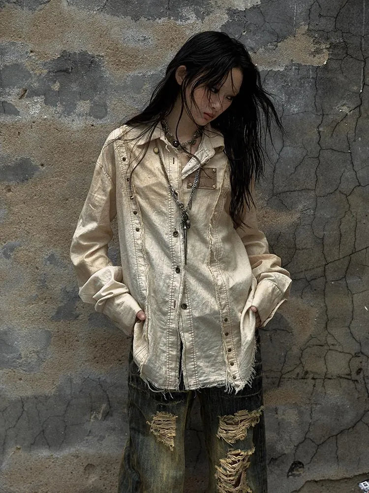 Vintage Washed Punk Loose Cotton Linen Shirt For Women