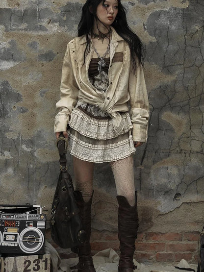 Vintage Washed Punk Loose Cotton Linen Shirt For Women