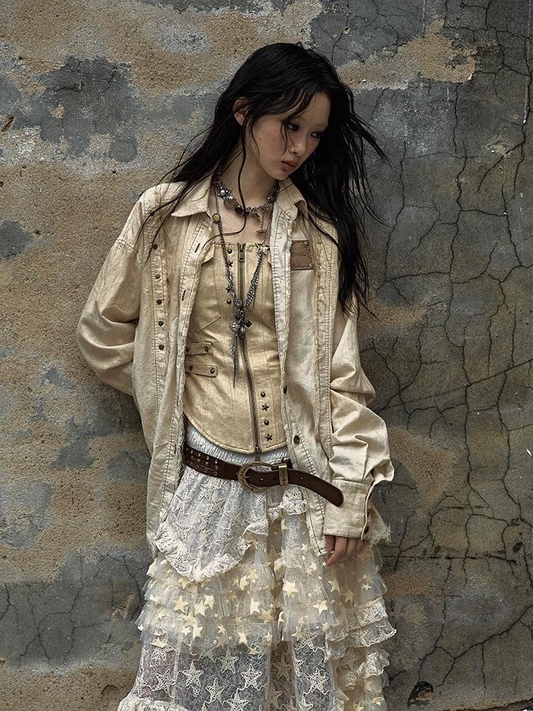 Vintage Washed Punk Loose Cotton Linen Shirt for Women