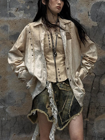 Vintage Washed Punk Loose Cotton Linen Shirt For Women