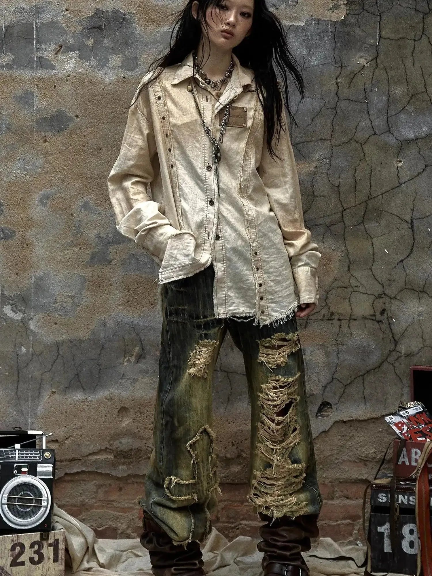 Vintage Washed Punk Loose Cotton Linen Shirt For Women