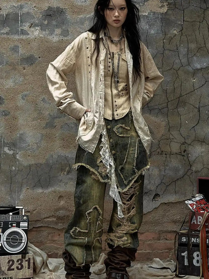 Vintage Washed Punk Loose Cotton Linen Shirt For Women
