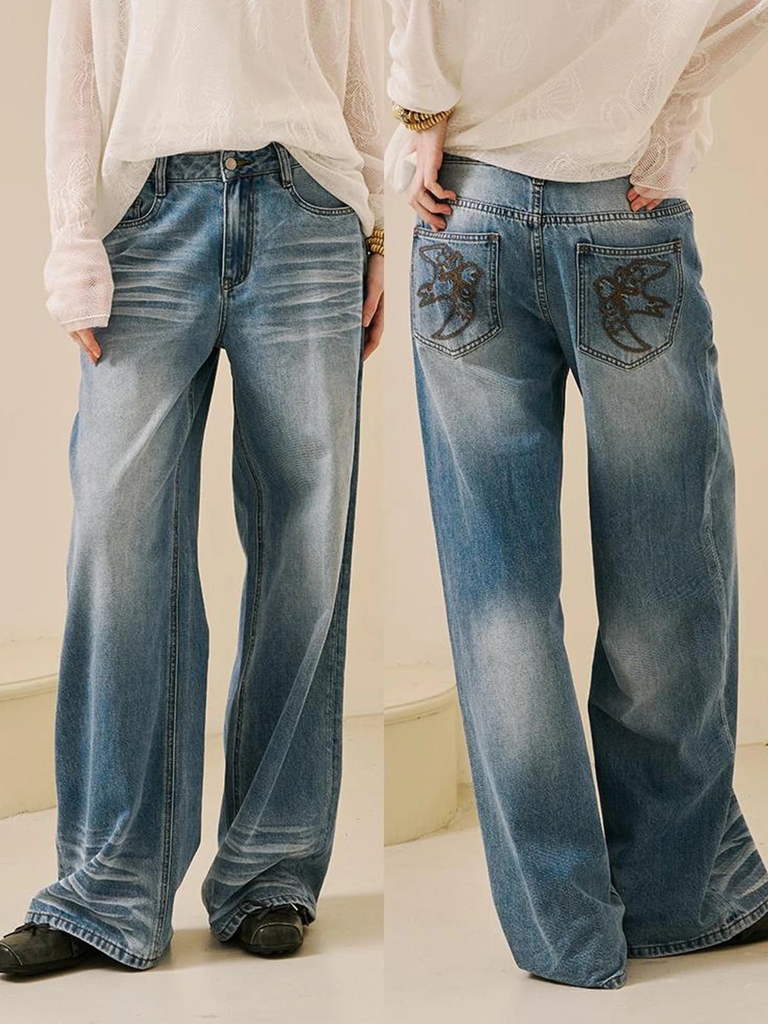 Vintage Washed Straight Jeans With 3 D Whisker Embroidery