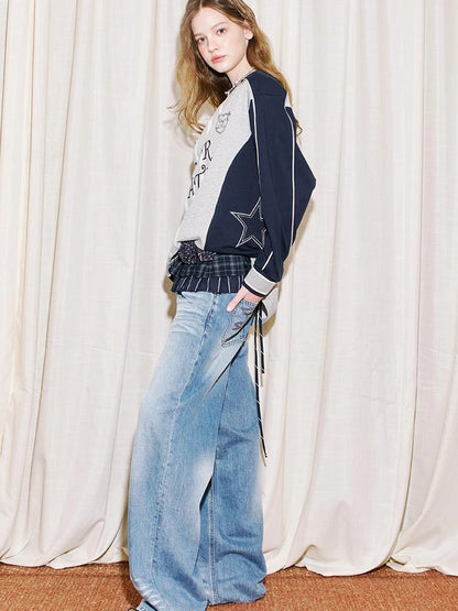 Vintage Washed Straight Jeans With 3 D Whisker Embroidery