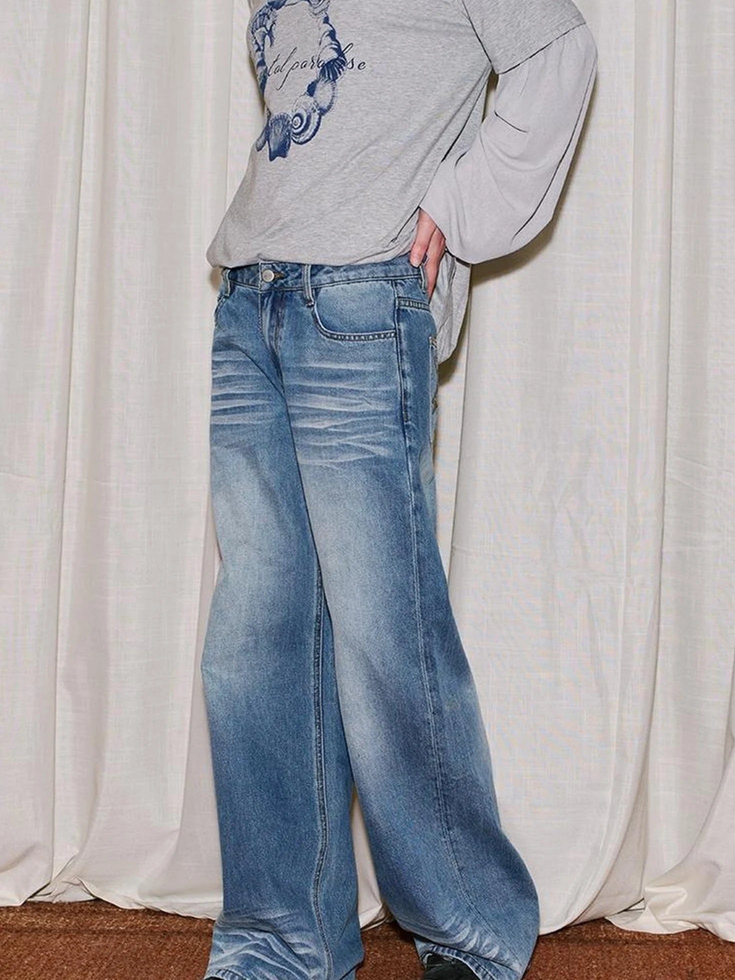 Vintage Washed Straight Jeans With 3 D Whisker Embroidery