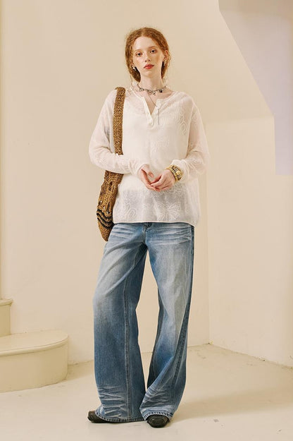DIDDI MODA Vintage Washed Straight Jeans With 3 D Whisker Embroidery