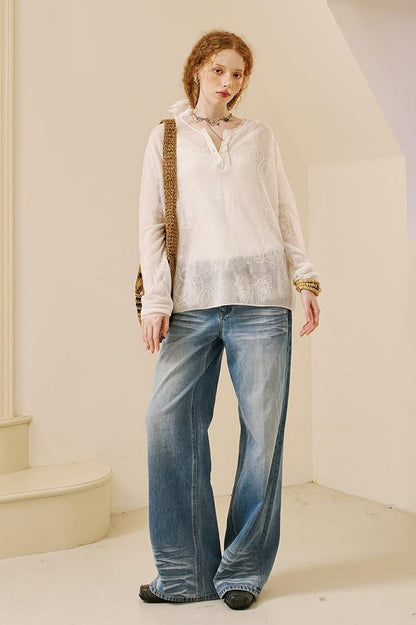 DIDDI MODA Vintage Washed Straight Jeans With 3 D Whisker Embroidery