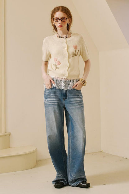 DIDDI MODA Vintage Washed Straight Jeans With 3 D Whisker Embroidery