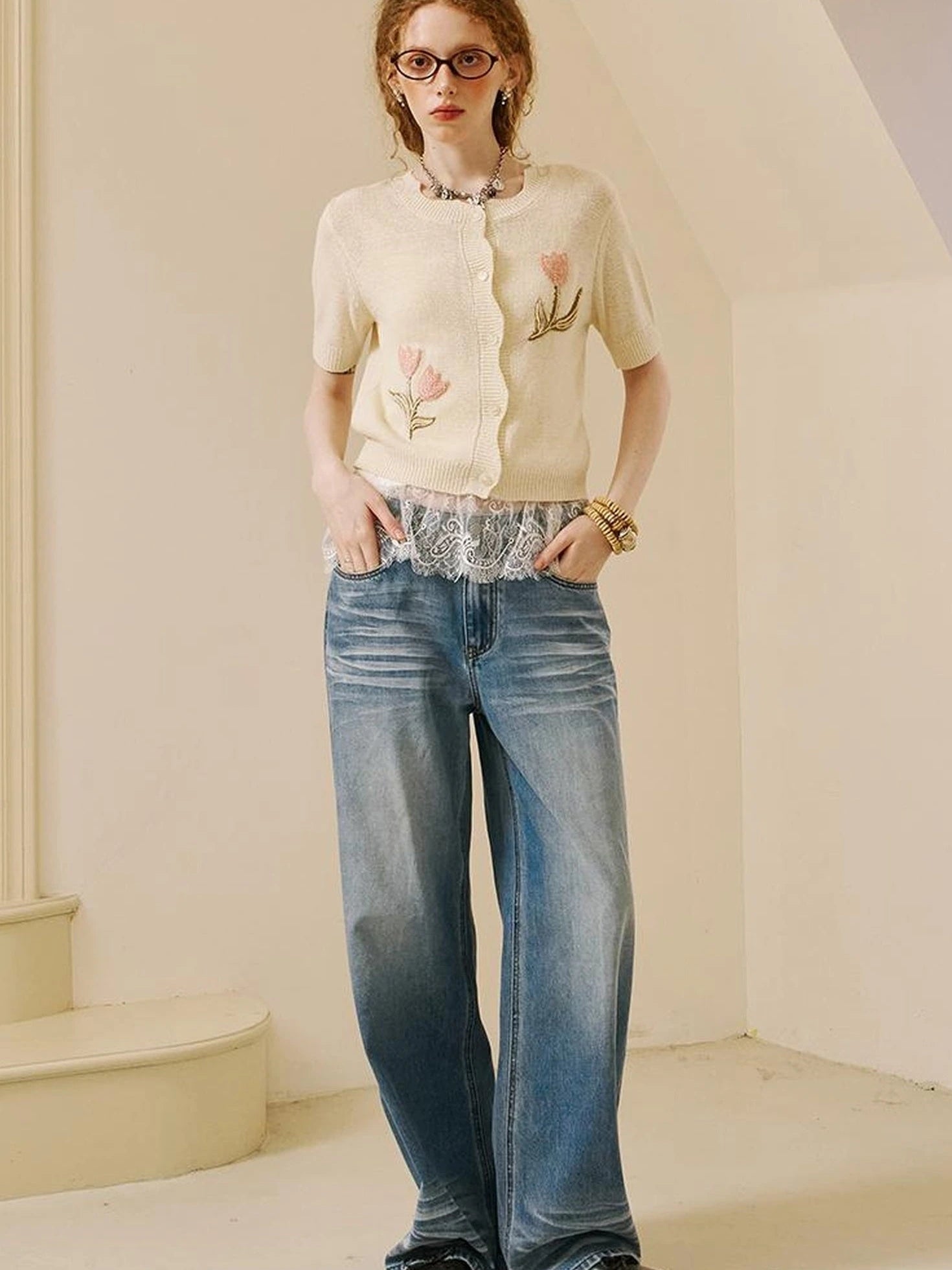 Vintage Washed Straight Jeans With 3 D Whisker Embroidery