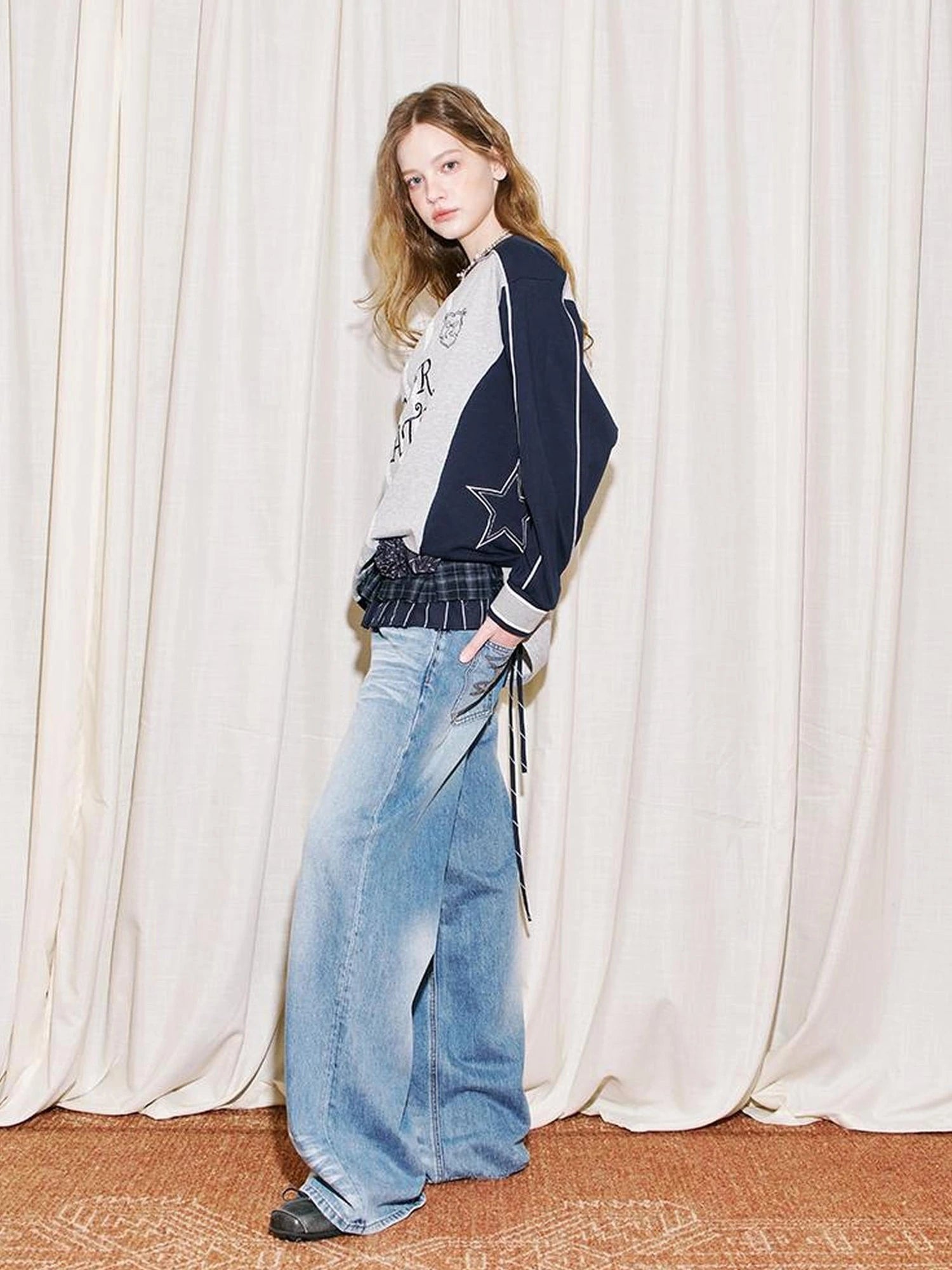 Vintage Washed Straight Jeans With 3 D Whisker Embroidery