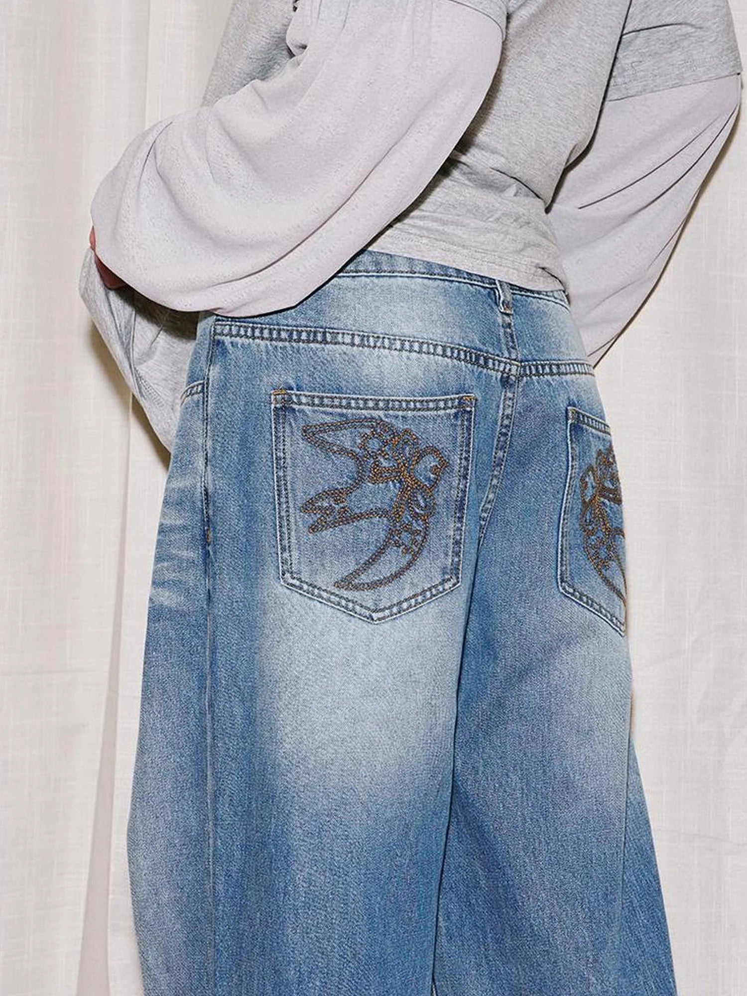 Vintage Washed Straight Jeans With 3 D Whisker Embroidery