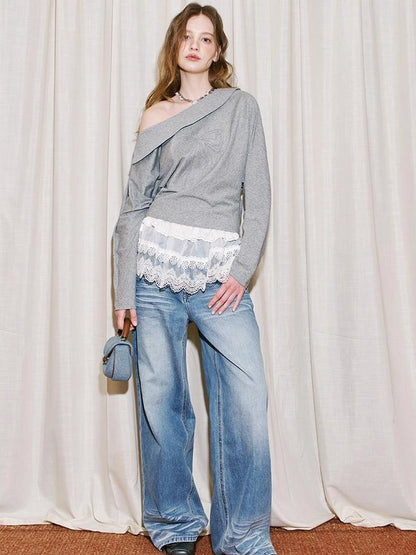 Vintage Washed Straight Jeans With 3 D Whisker Embroidery