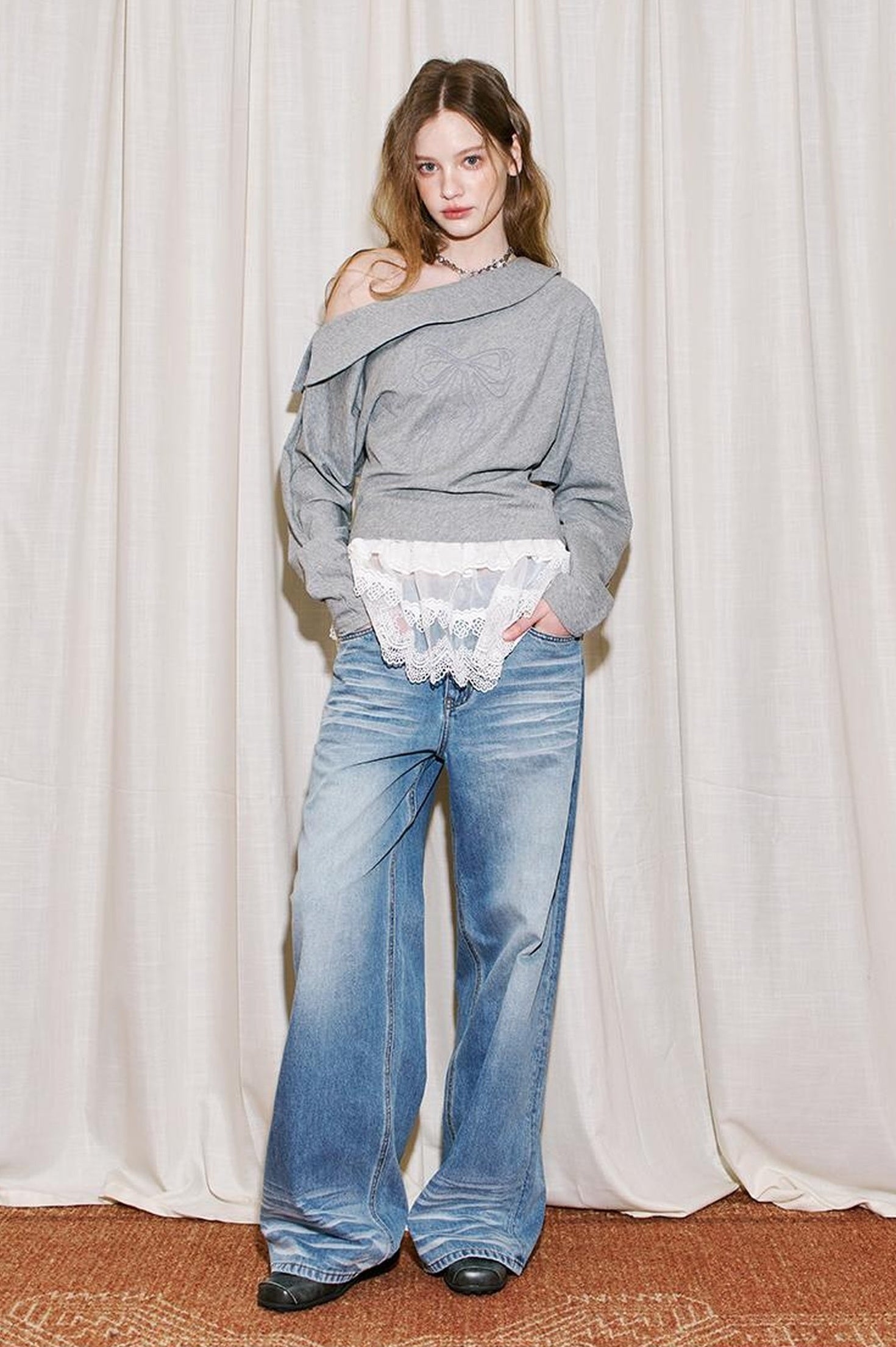 DIDDI MODA Vintage Washed Straight Jeans With 3 D Whisker Embroidery