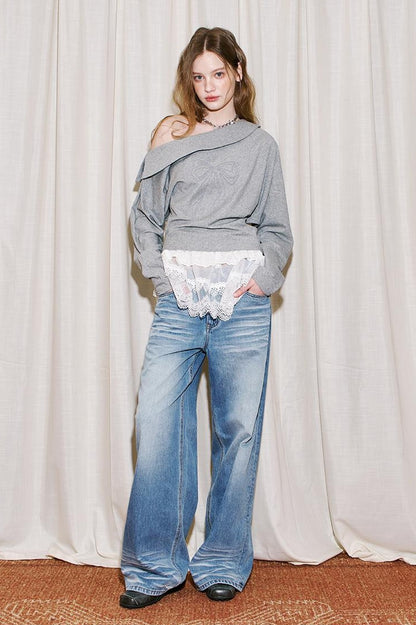 DIDDI MODA Vintage Washed Straight Jeans With 3 D Whisker Embroidery