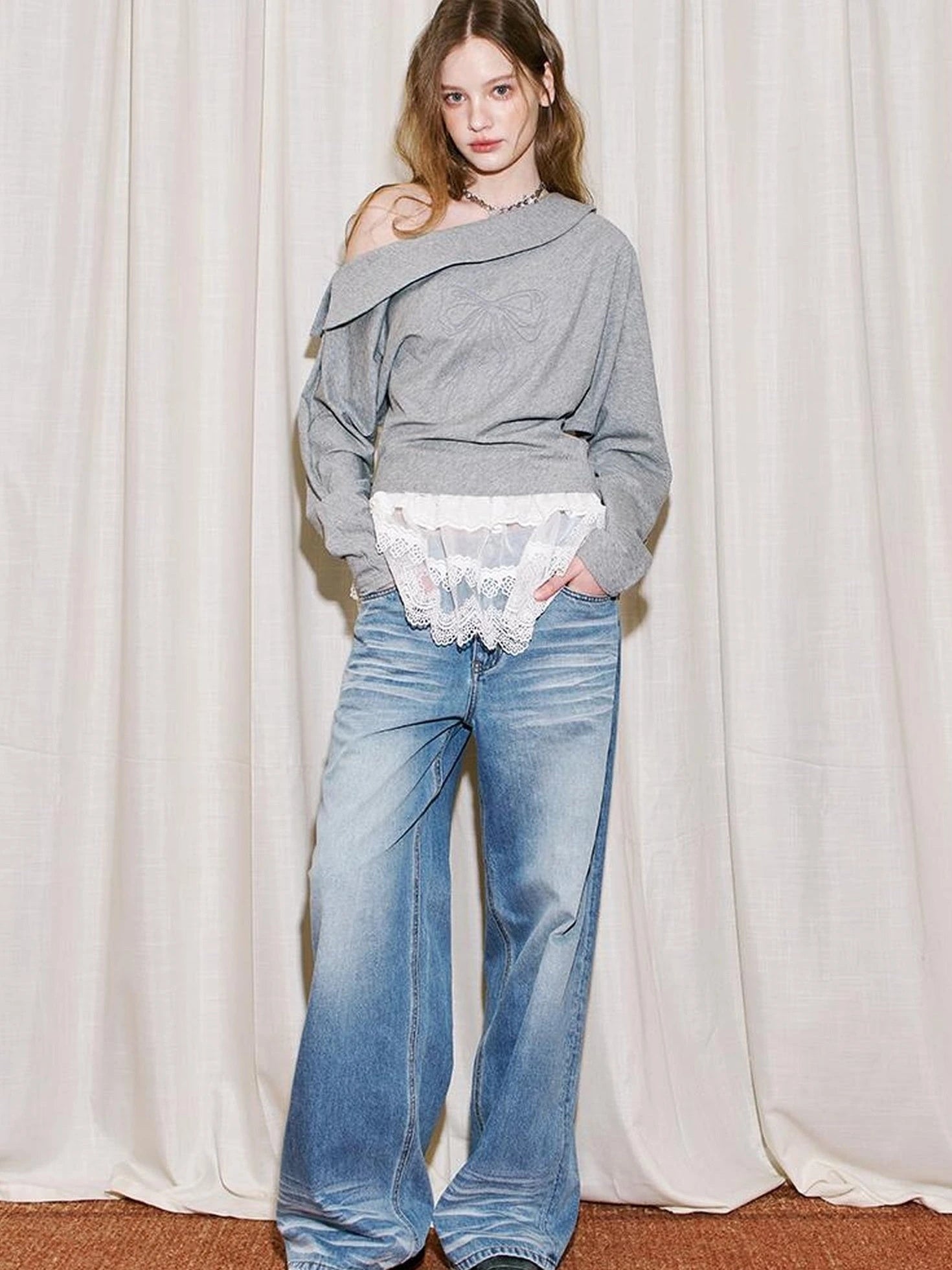 Vintage Washed Straight Jeans With 3 D Whisker Embroidery