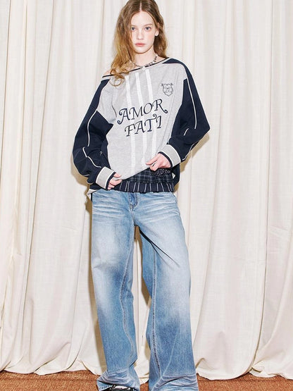 Vintage Washed Straight Jeans With 3 D Whisker Embroidery