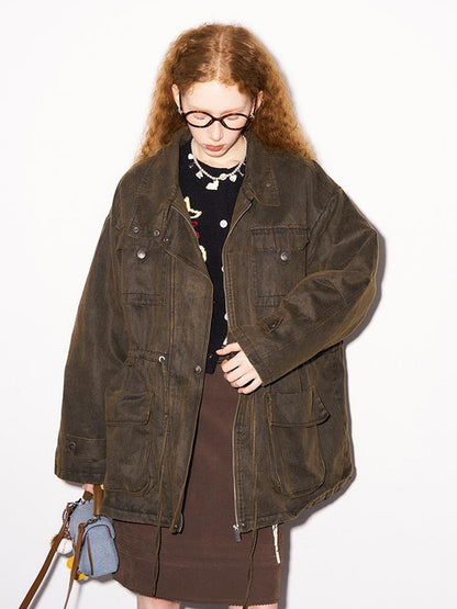 DIDDI MODA Vintage Washed Suede Bomber Jacket With Utility Pockets