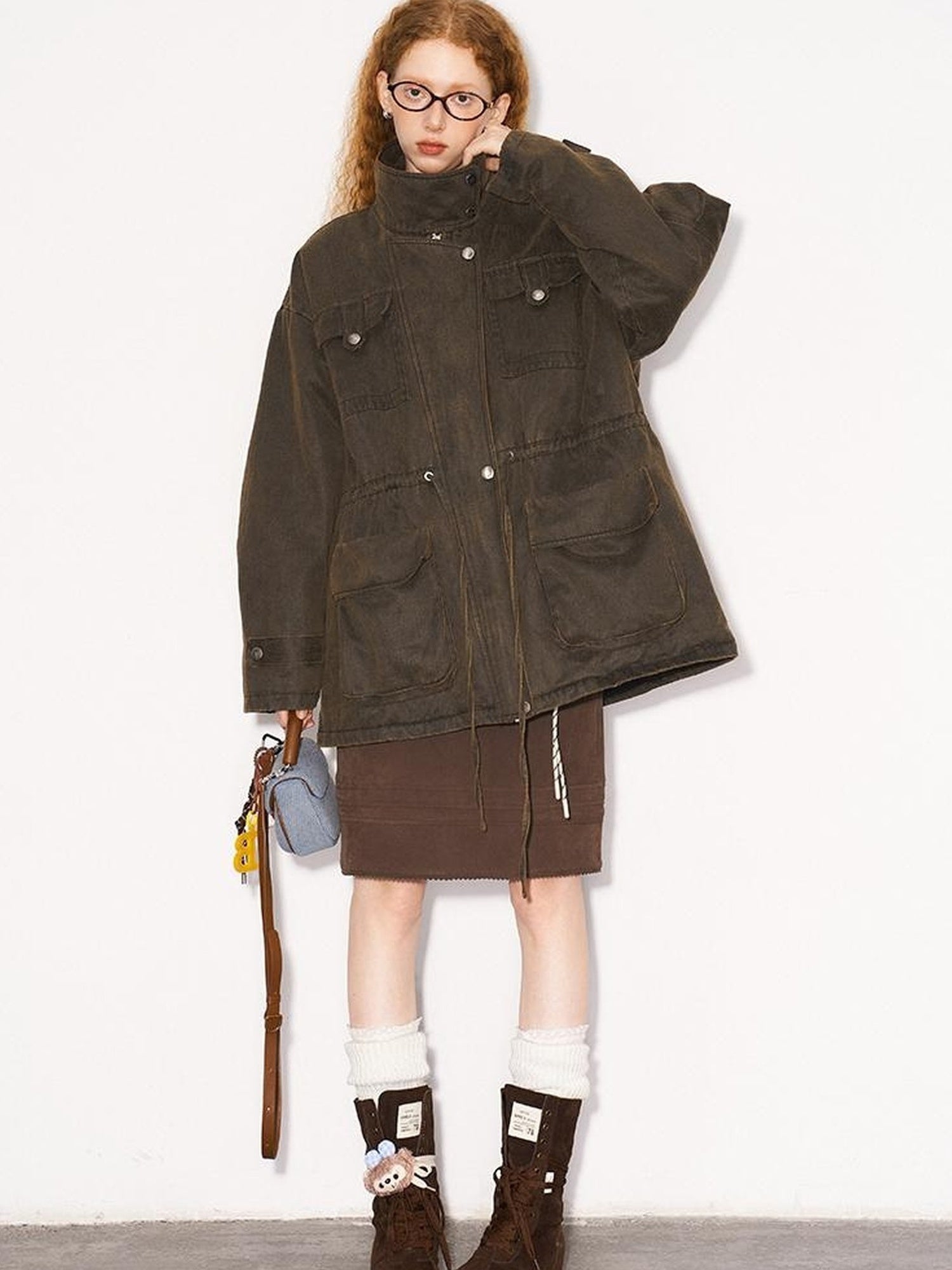 DIDDI MODA Vintage Washed Suede Bomber Jacket With Utility Pockets