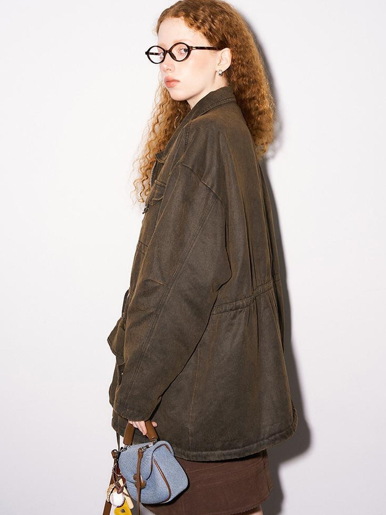 DIDDI MODA Vintage Washed Suede Bomber Jacket With Utility Pockets