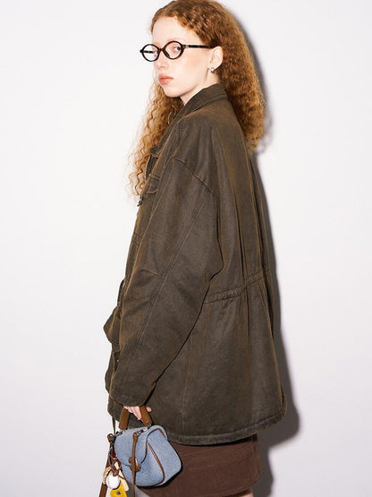 DIDDI MODA Vintage Washed Suede Bomber Jacket With Utility Pockets