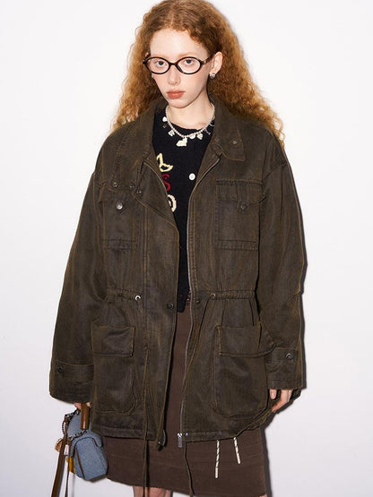 DIDDI MODA Vintage Washed Suede Bomber Jacket With Utility Pockets