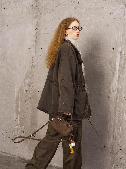 DIDDI MODA Vintage Washed Suede Bomber Jacket With Utility Pockets