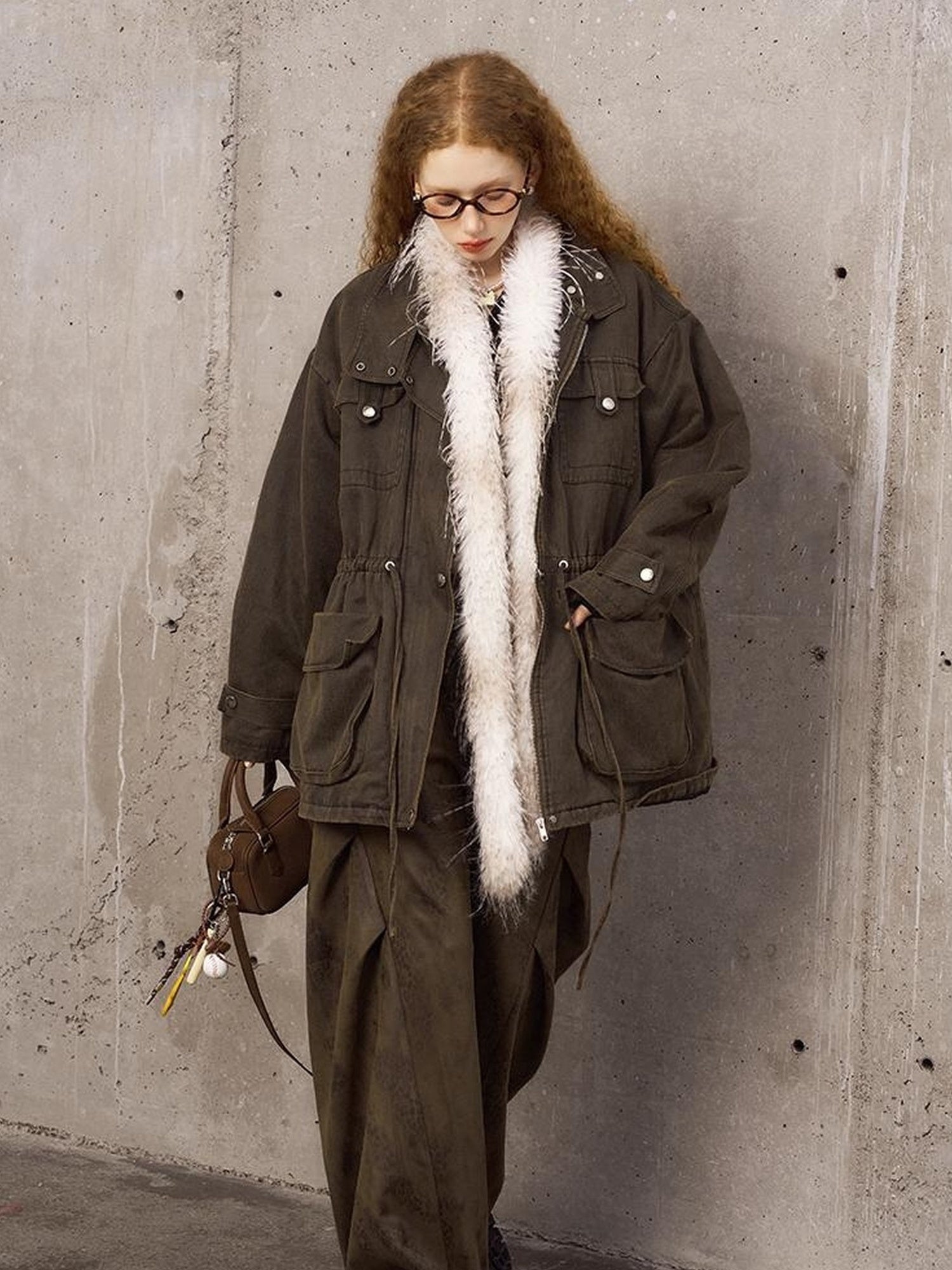 DIDDI MODA Vintage Washed Suede Bomber Jacket With Utility Pockets