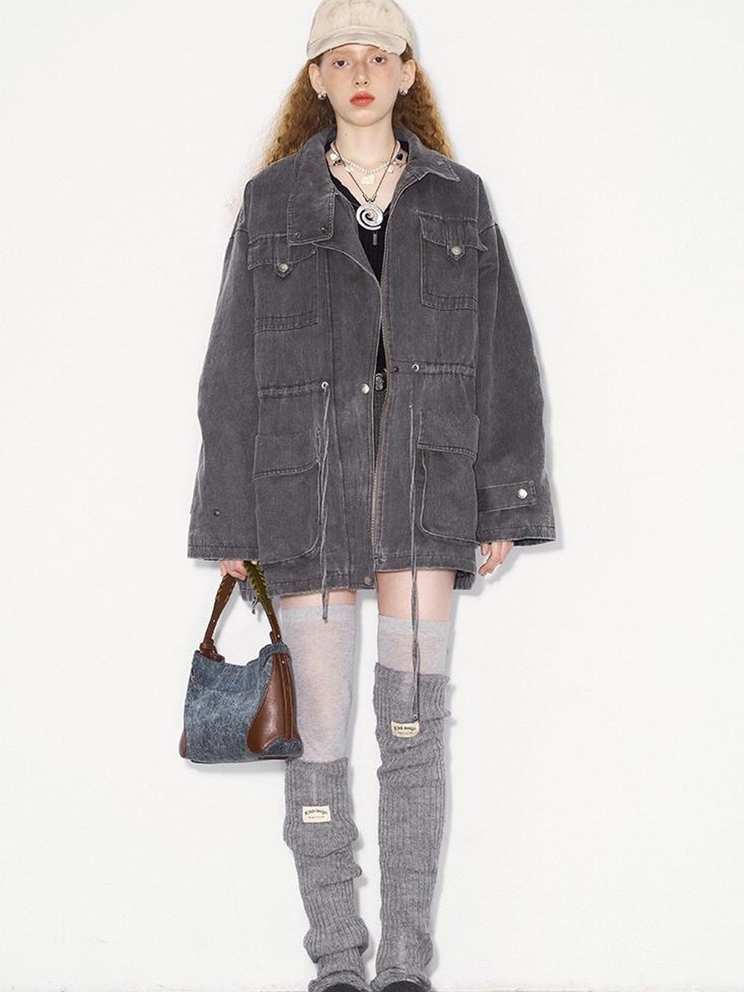 DIDDI MODA Vintage Washed Suede Bomber Jacket With Utility Pockets