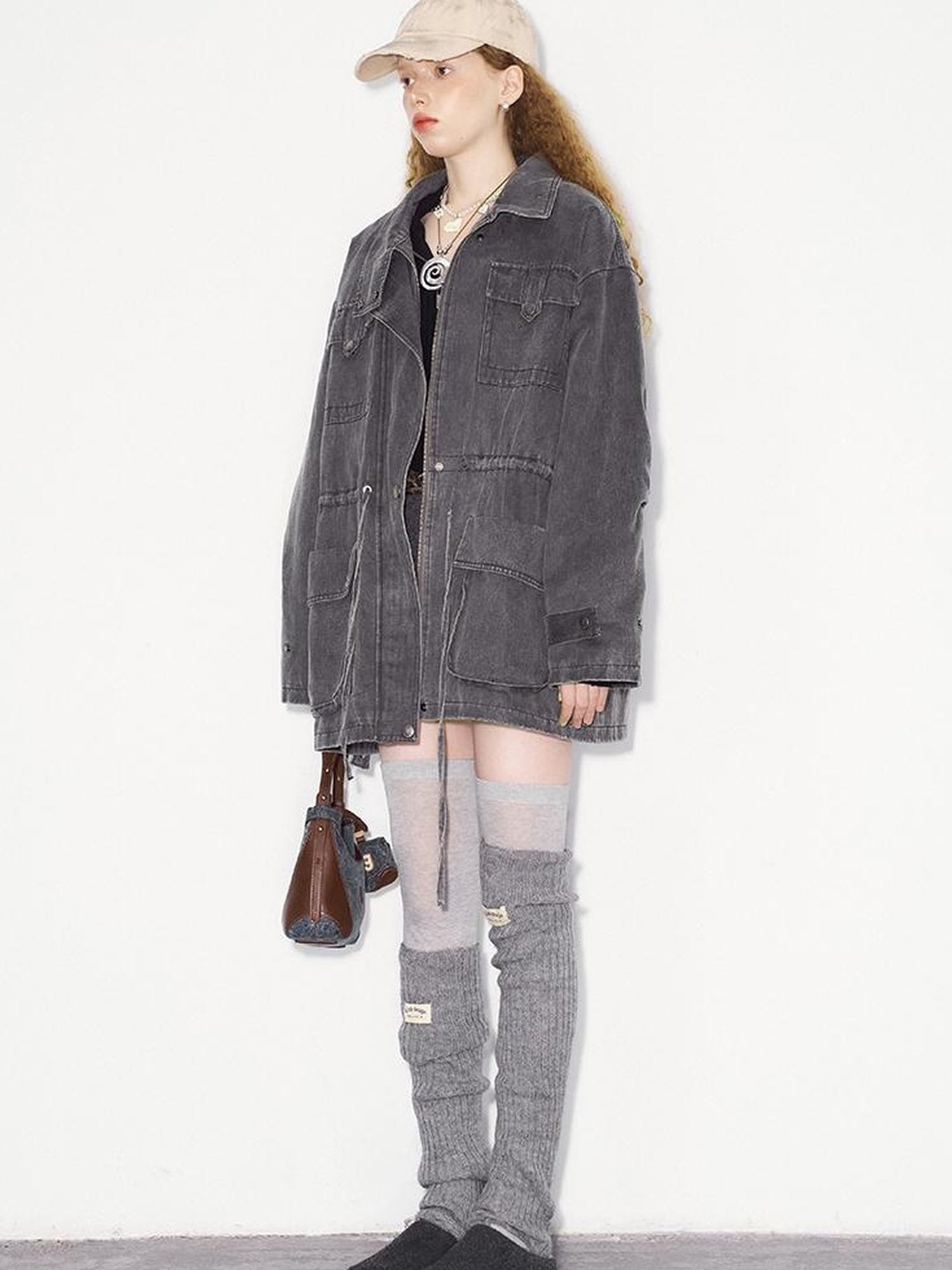 DIDDI MODA Vintage Washed Suede Bomber Jacket With Utility Pockets