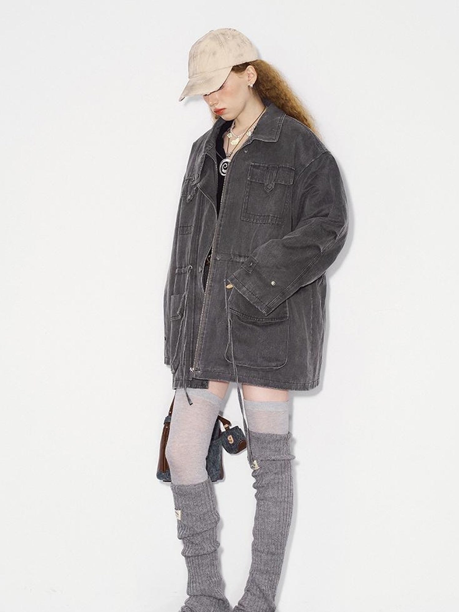 DIDDI MODA Vintage Washed Suede Bomber Jacket With Utility Pockets