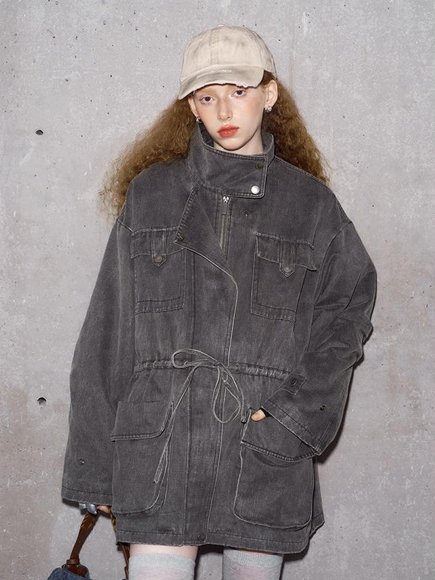 DIDDI MODA Vintage Washed Suede Bomber Jacket With Utility Pockets