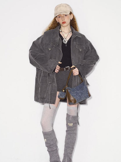 DIDDI MODA Vintage Washed Suede Bomber Jacket With Utility Pockets