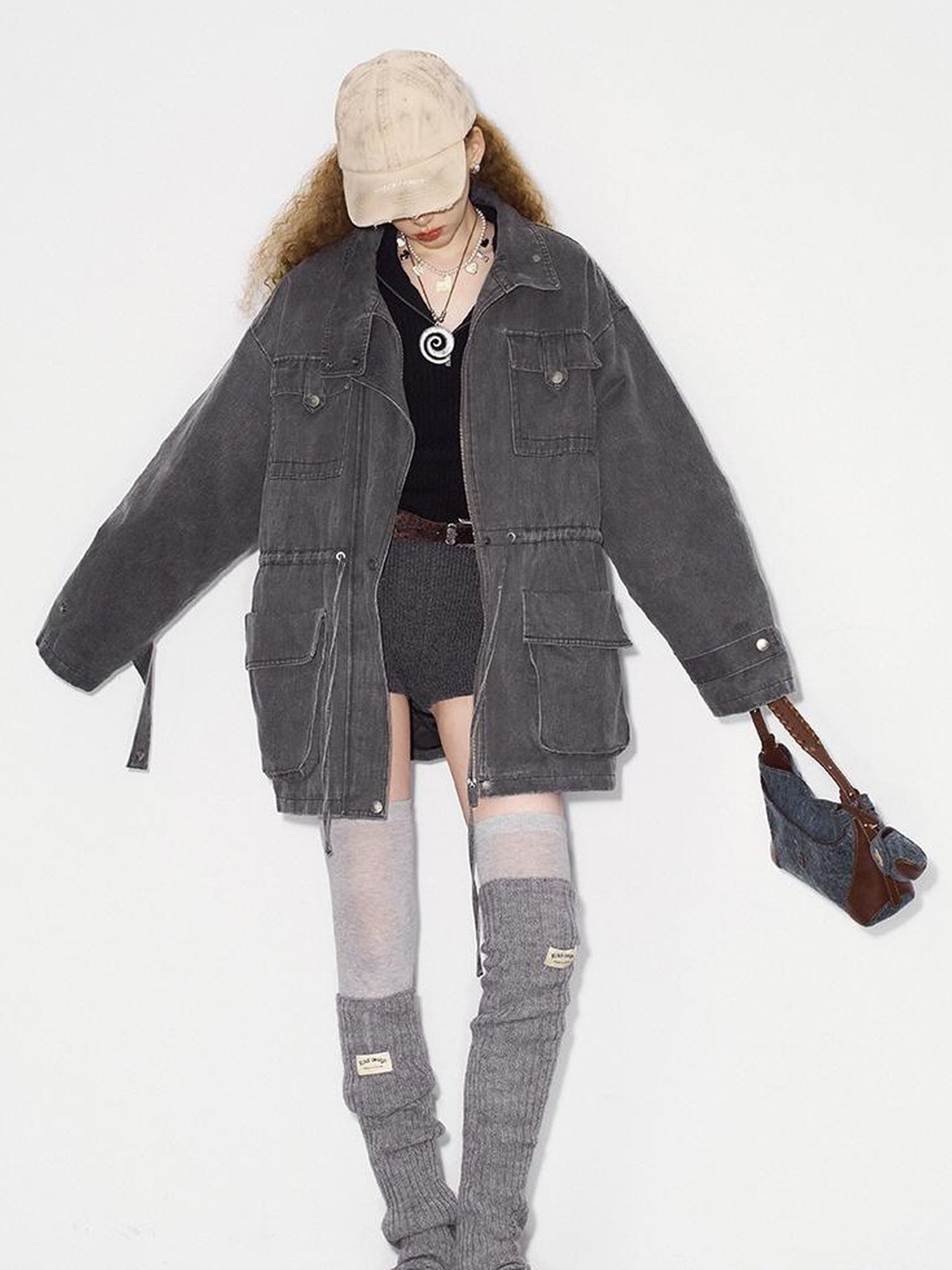 DIDDI MODA Vintage Washed Suede Bomber Jacket With Utility Pockets