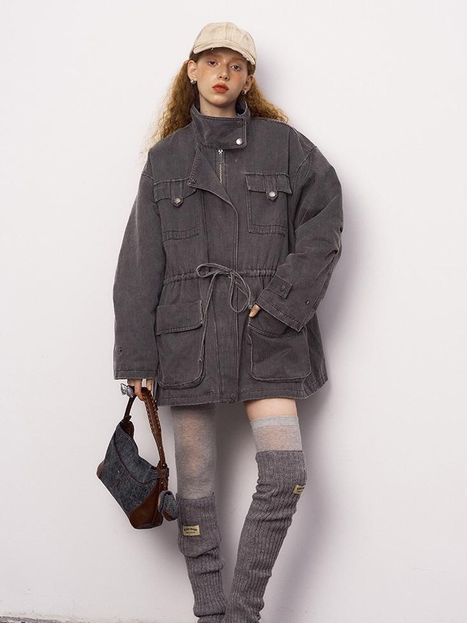 DIDDI MODA Vintage Washed Suede Bomber Jacket With Utility Pockets