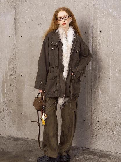 DIDDI MODA Vintage Washed Suede Bomber Jacket With Utility Pockets