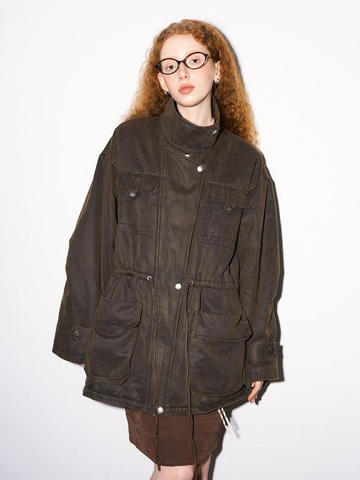 DIDDI MODA Vintage Washed Suede Bomber Jacket With Utility Pockets