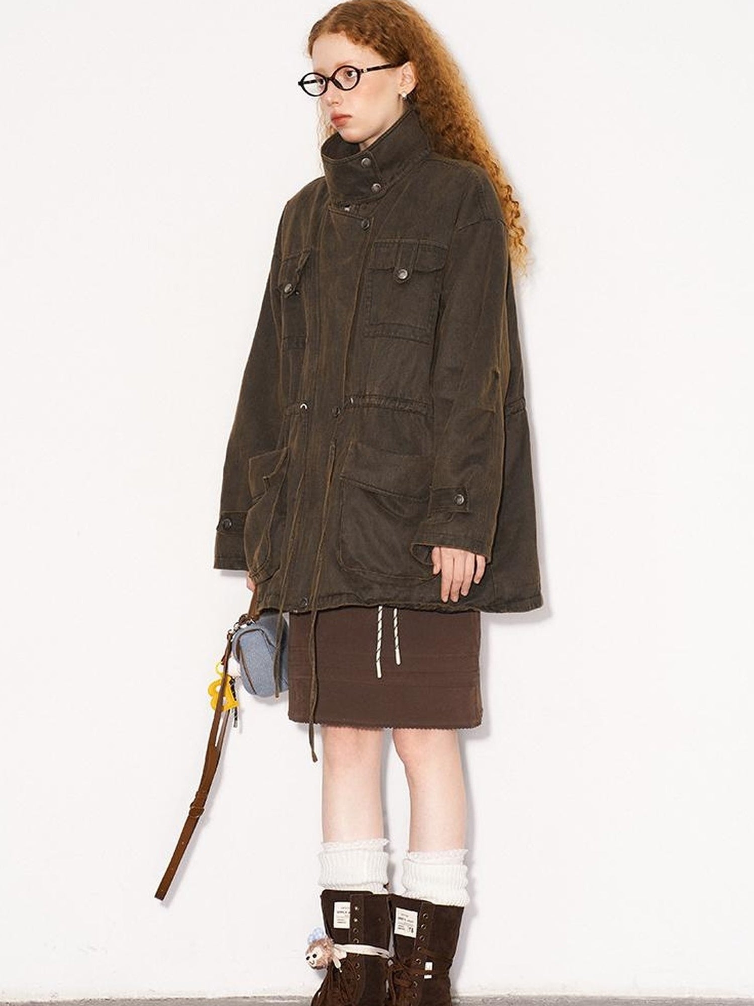 DIDDI MODA Vintage Washed Suede Bomber Jacket With Utility Pockets