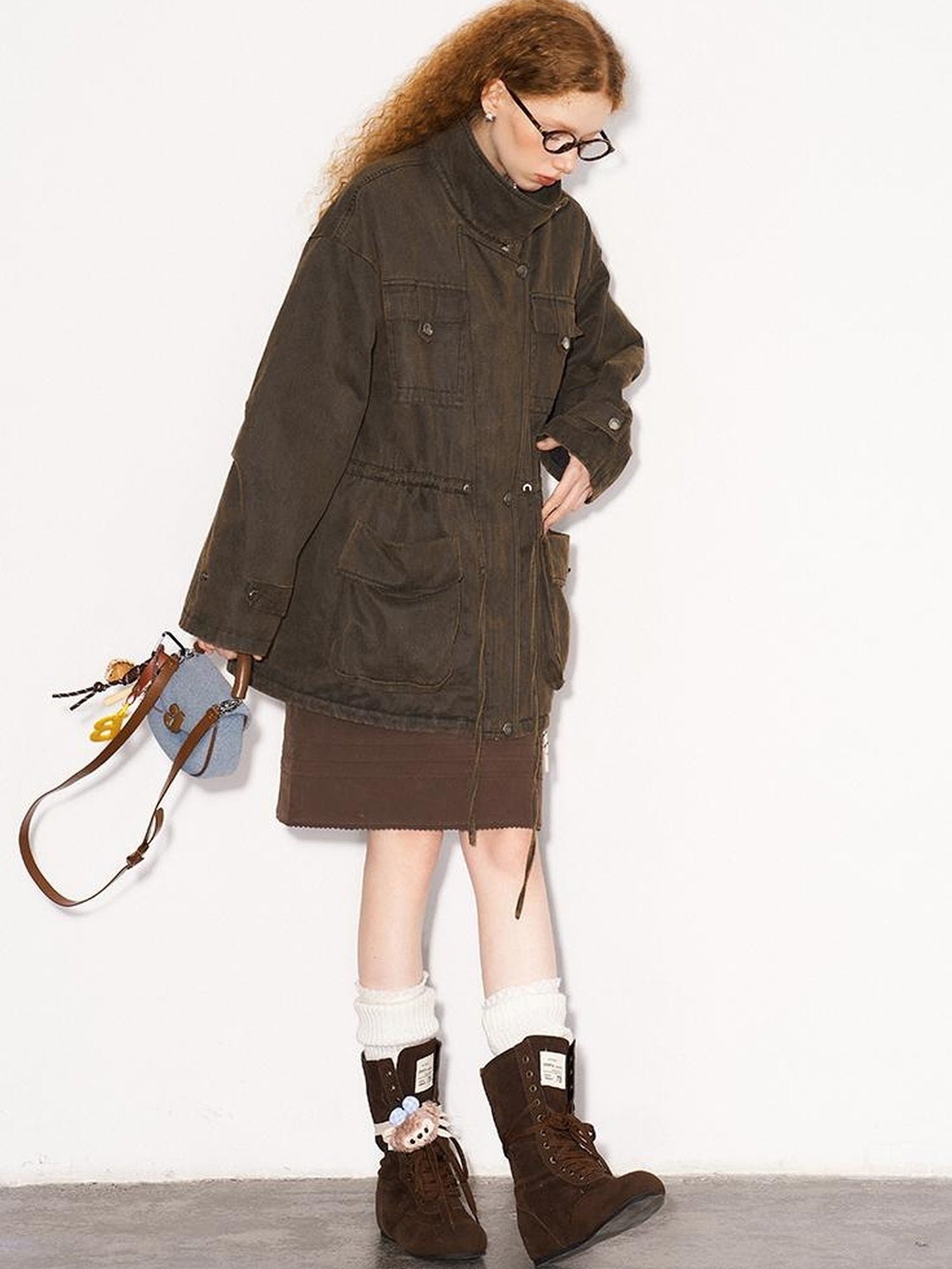 DIDDI MODA Vintage Washed Suede Bomber Jacket With Utility Pockets