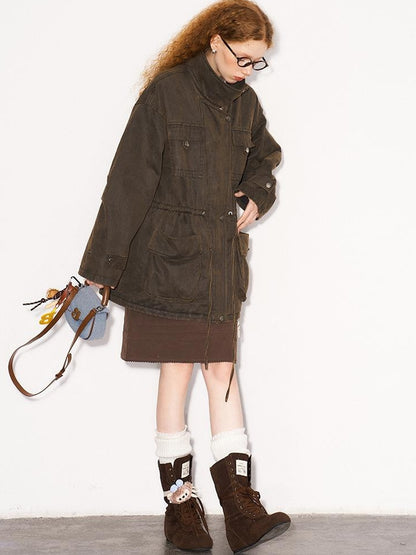 DIDDI MODA Vintage Washed Suede Bomber Jacket With Utility Pockets