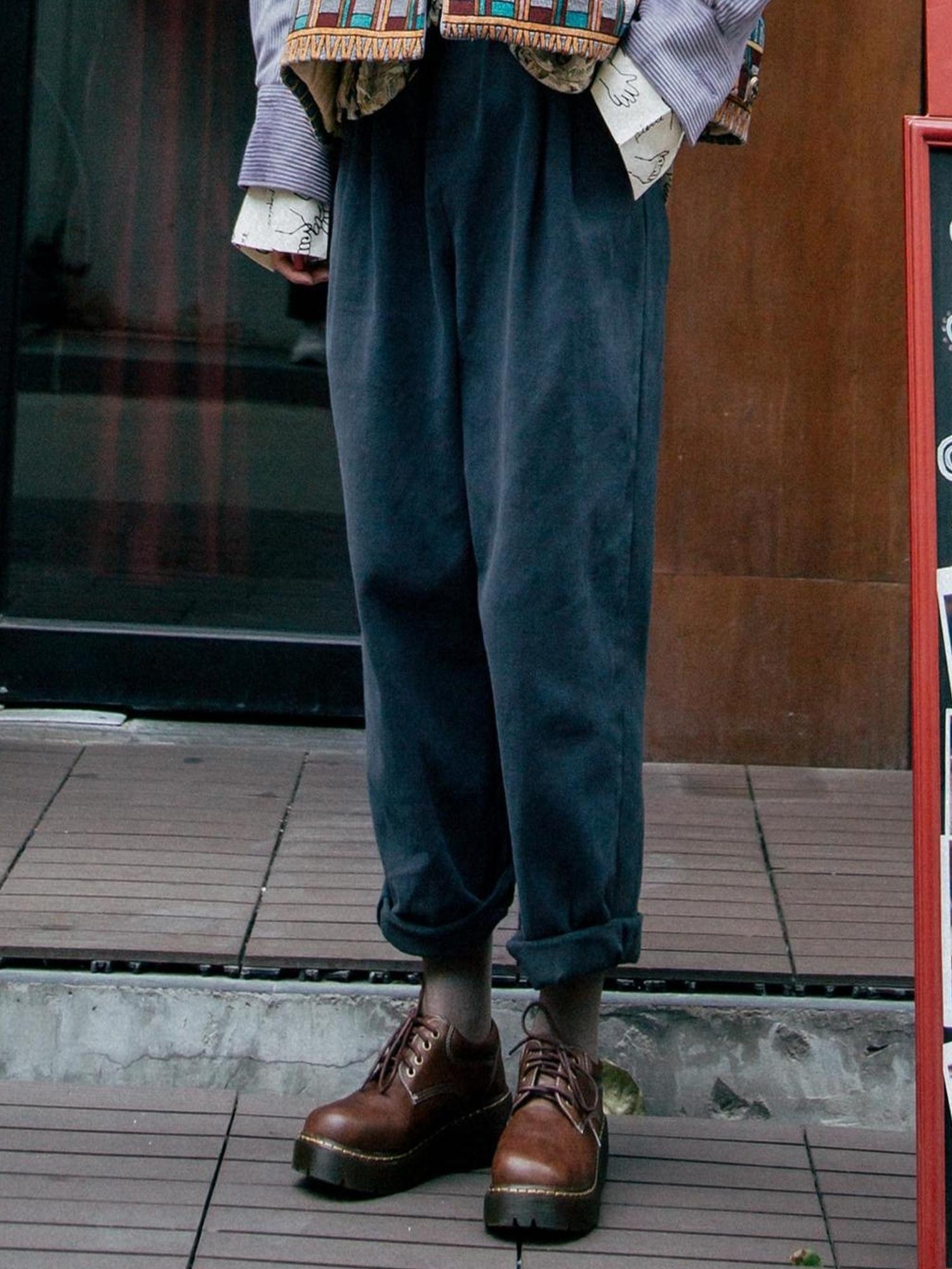 Sweet Mi Vintage Washed Twill Canvas Winter Loose Pants