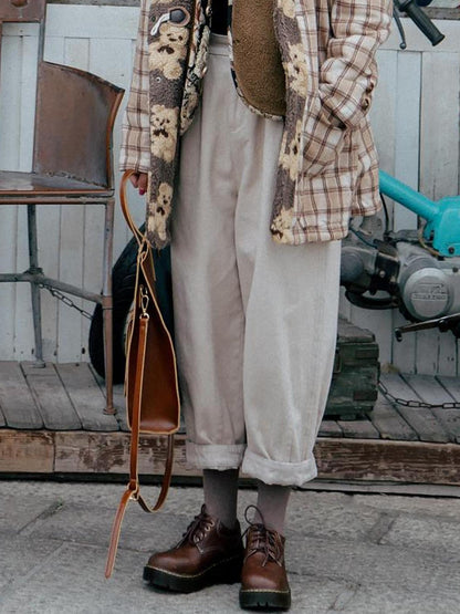Sweet Mi Vintage Washed Twill Canvas Winter Loose Pants